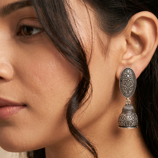 Oxidized Silver-Toned Engraved Oval Dome Dangle Earrings for Women