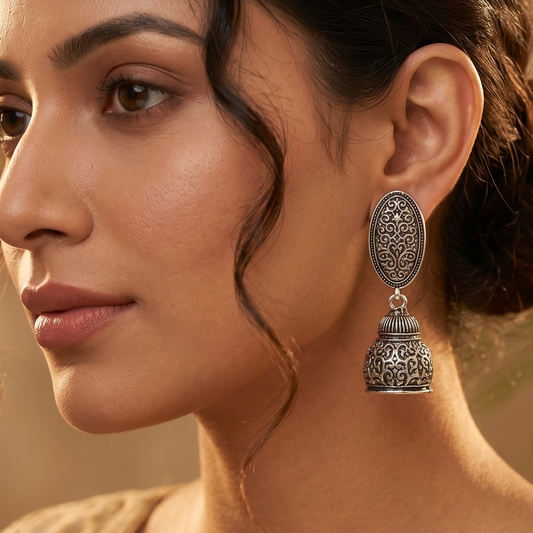 Oxidized Silver-Toned Engraved Oval Dome Dangle Earrings for Women