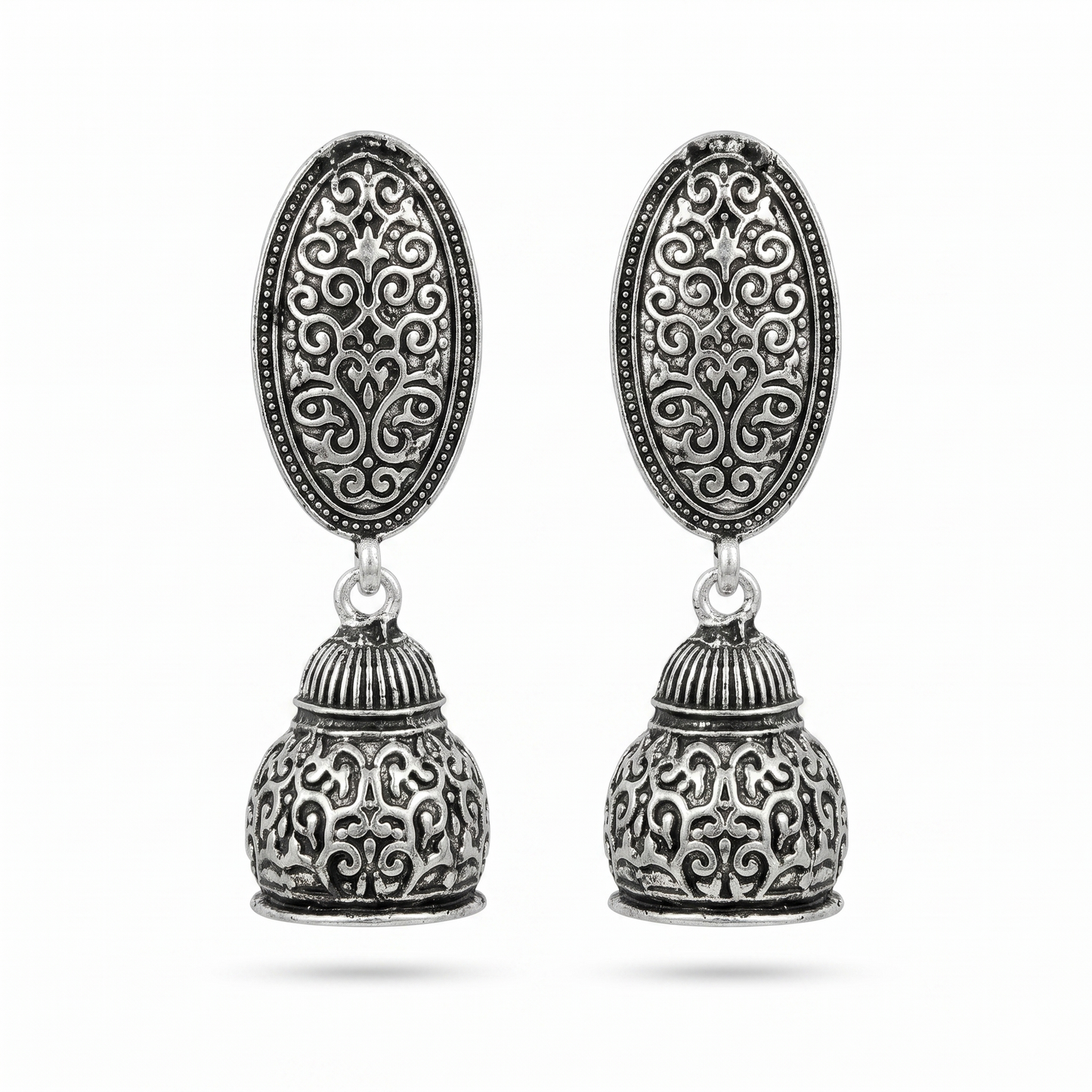 Oxidized Silver-Toned Engraved Oval Dome Dangle Earrings for Women
