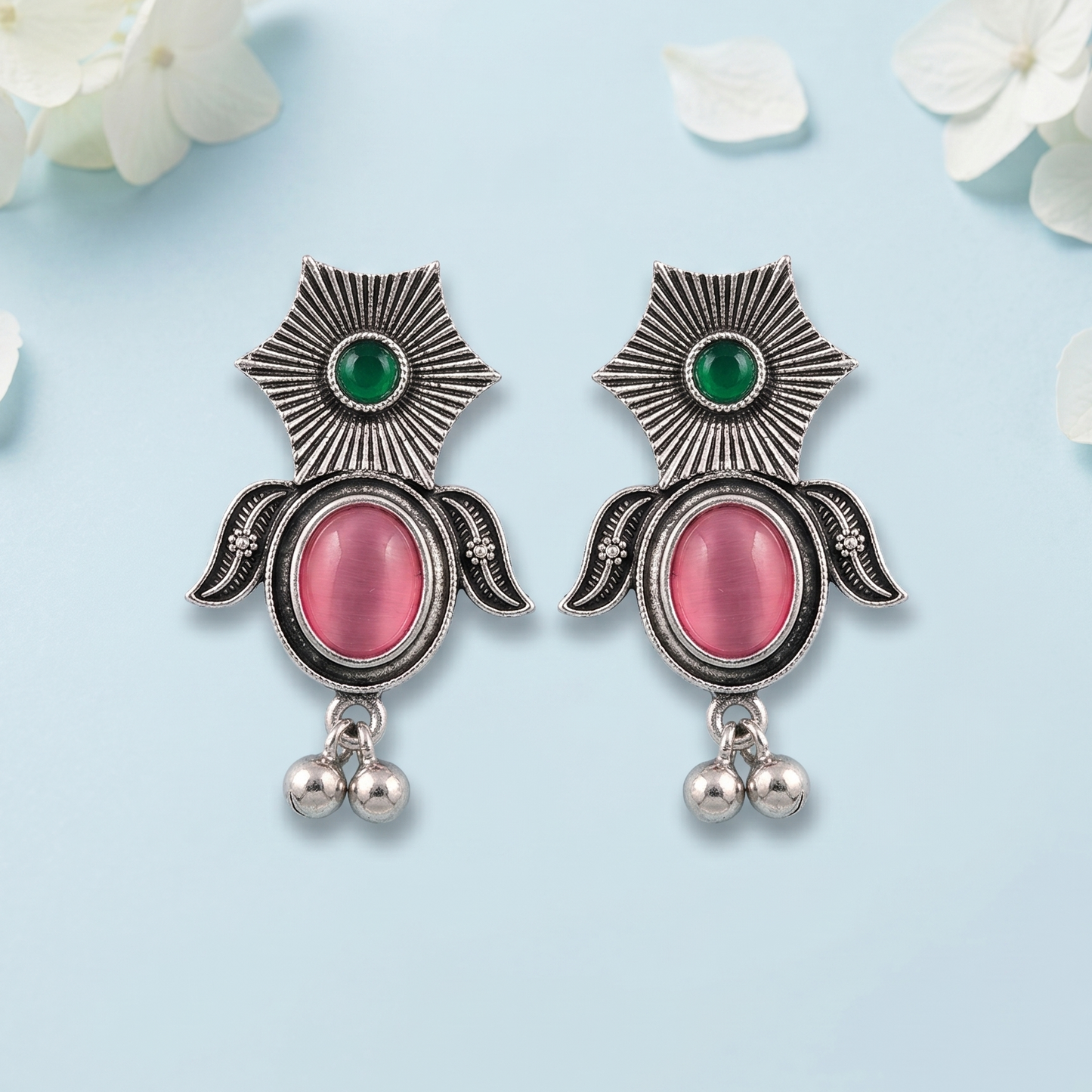 Oxidized Silver-Toned Green Pink Stone Studded Drop Earrings for Women