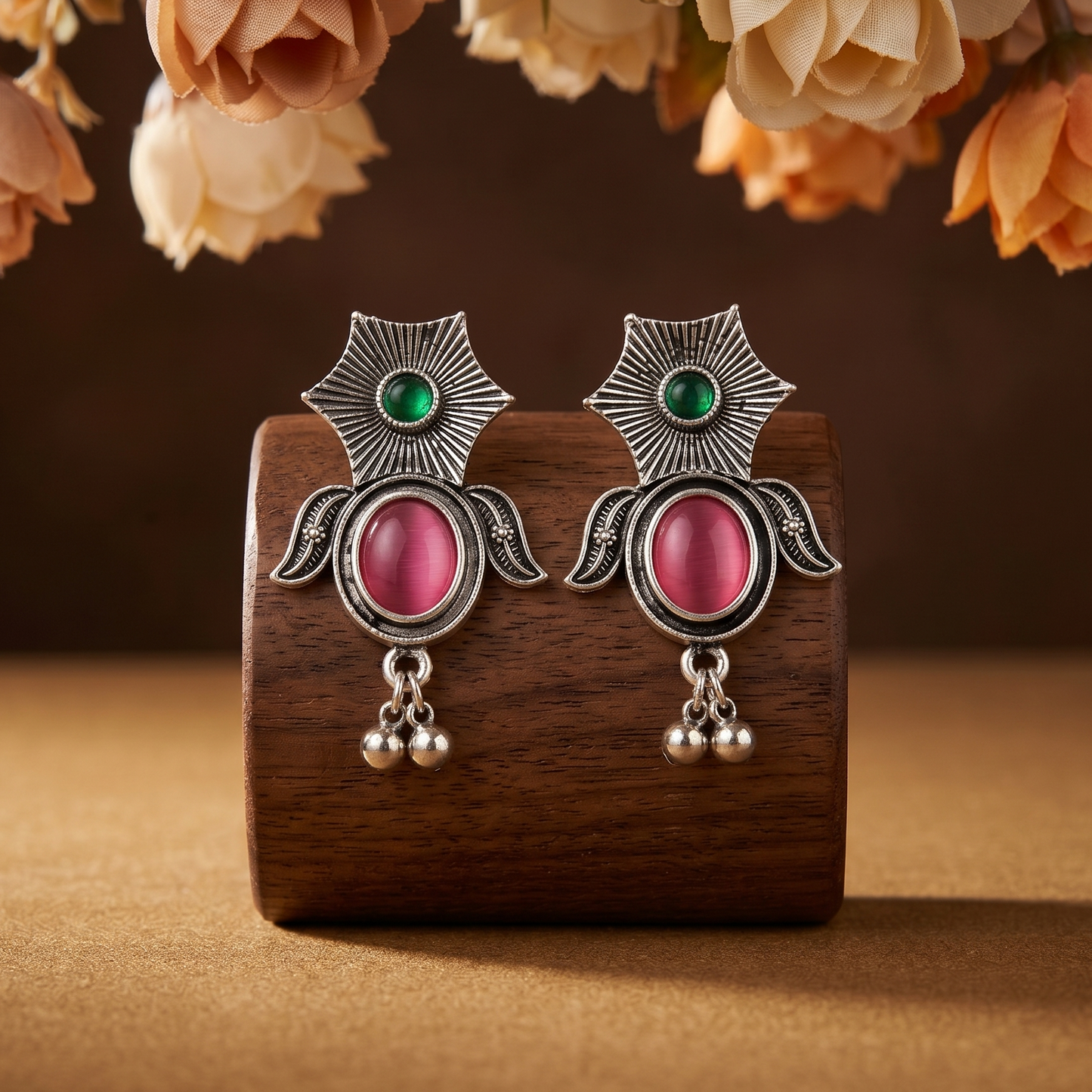 Oxidized Silver-Toned Green Pink Stone Studded Drop Earrings for Women