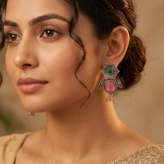 Oxidized Silver-Toned Green Pink Stone Studded Drop Earrings for Women