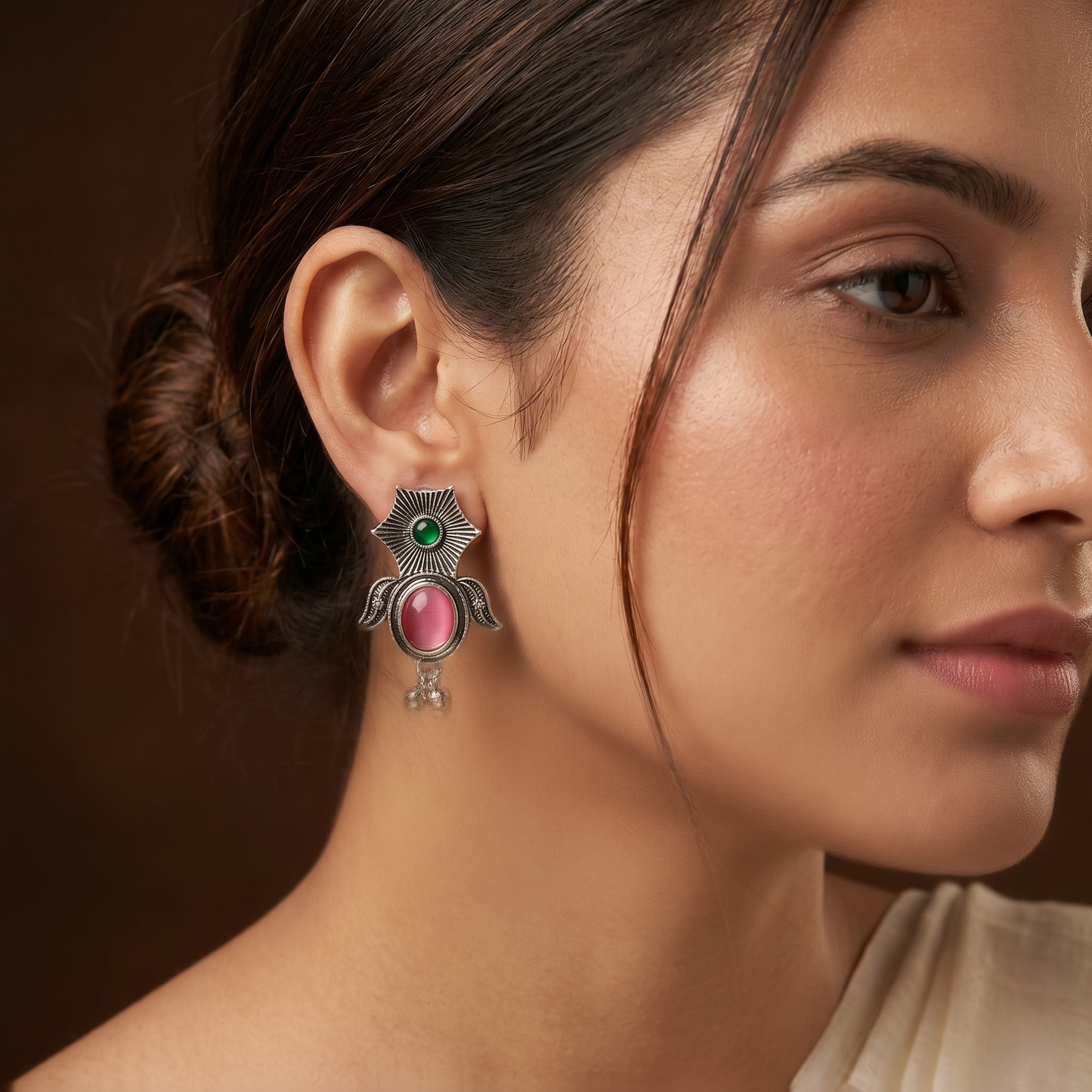 Oxidized Silver-Toned Green Pink Stone Studded Drop Earrings for Women