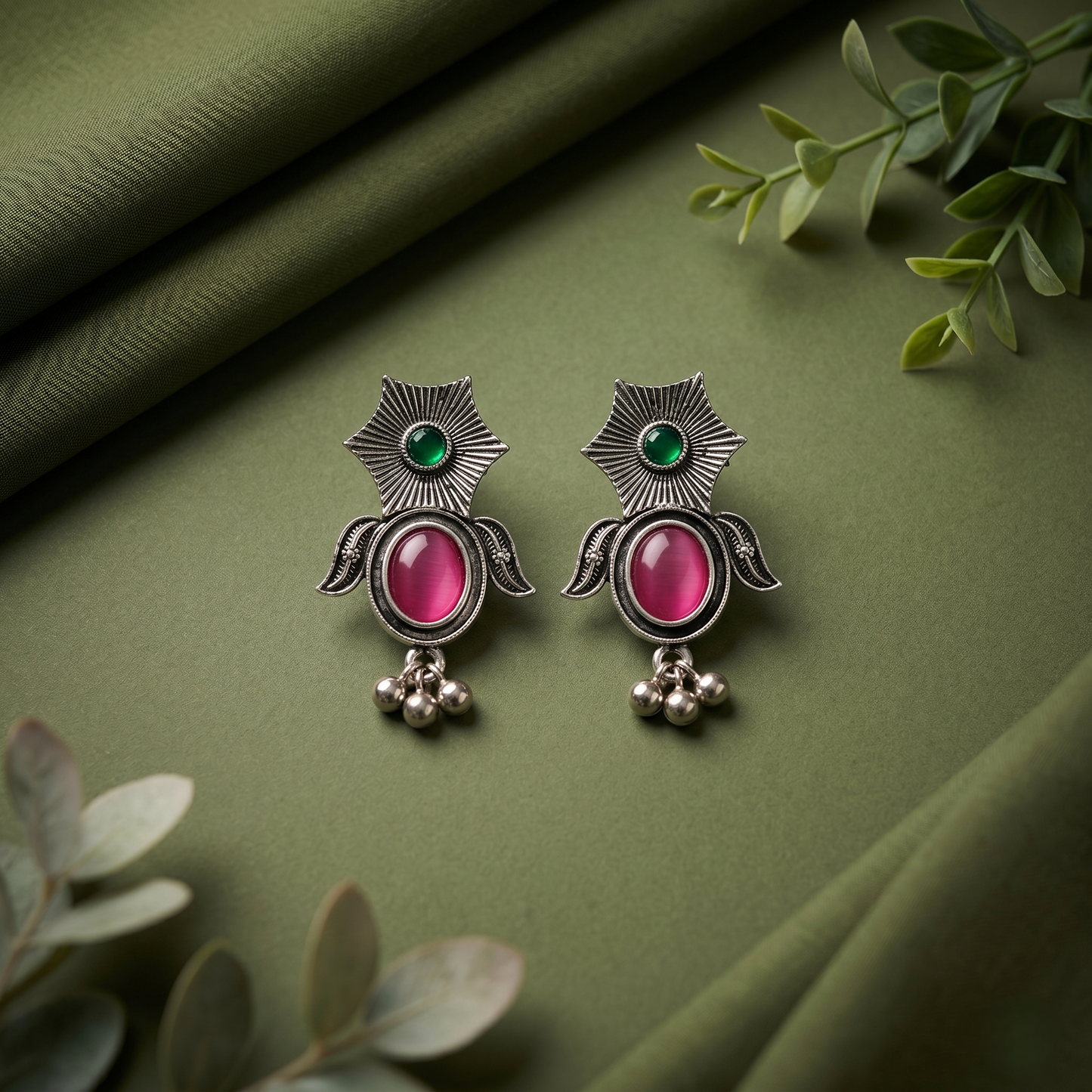 Oxidized Silver-Toned Green Pink Stone Studded Drop Earrings for Women