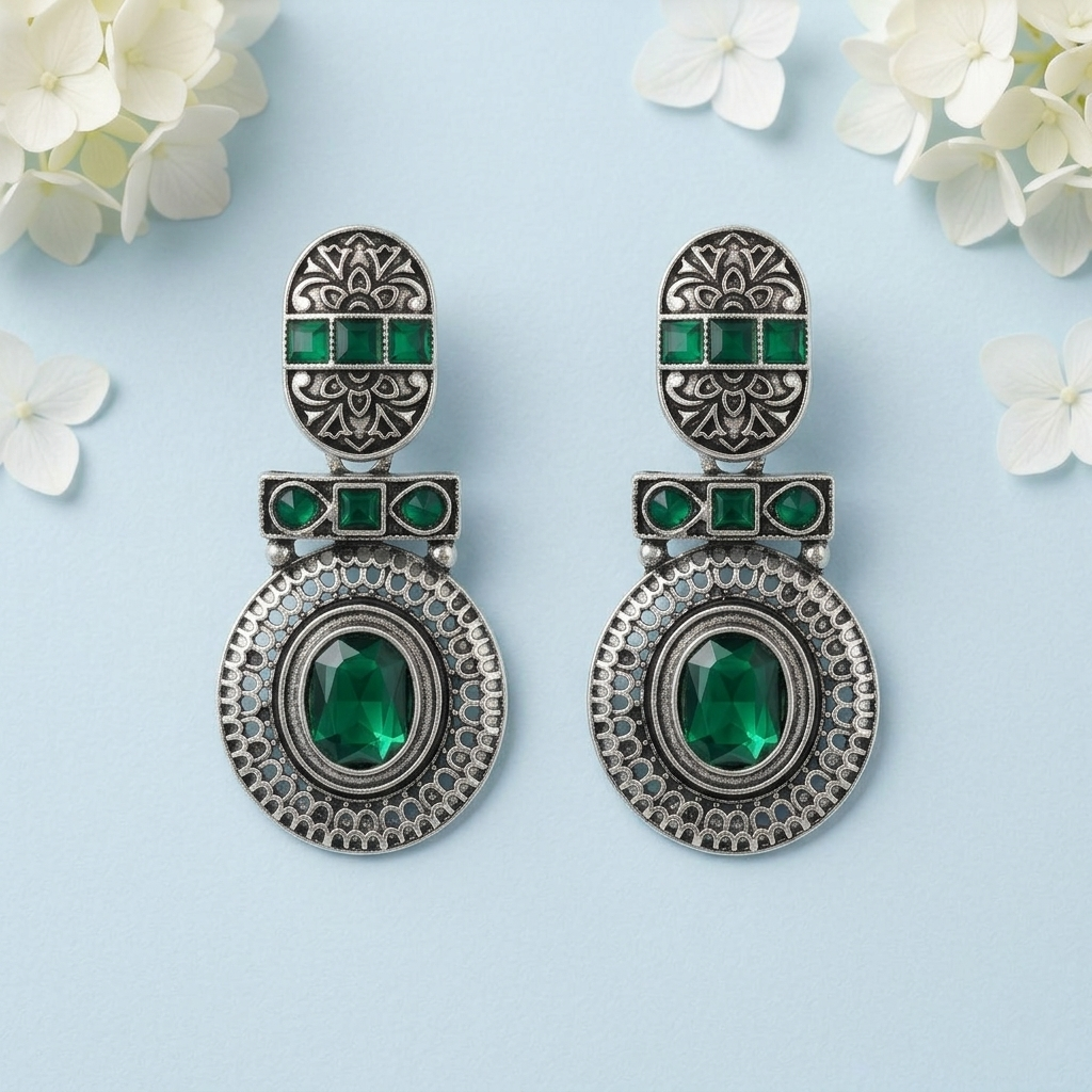 Oxidized Silver-Toned Green Stone Textured Drop Earrings for Women