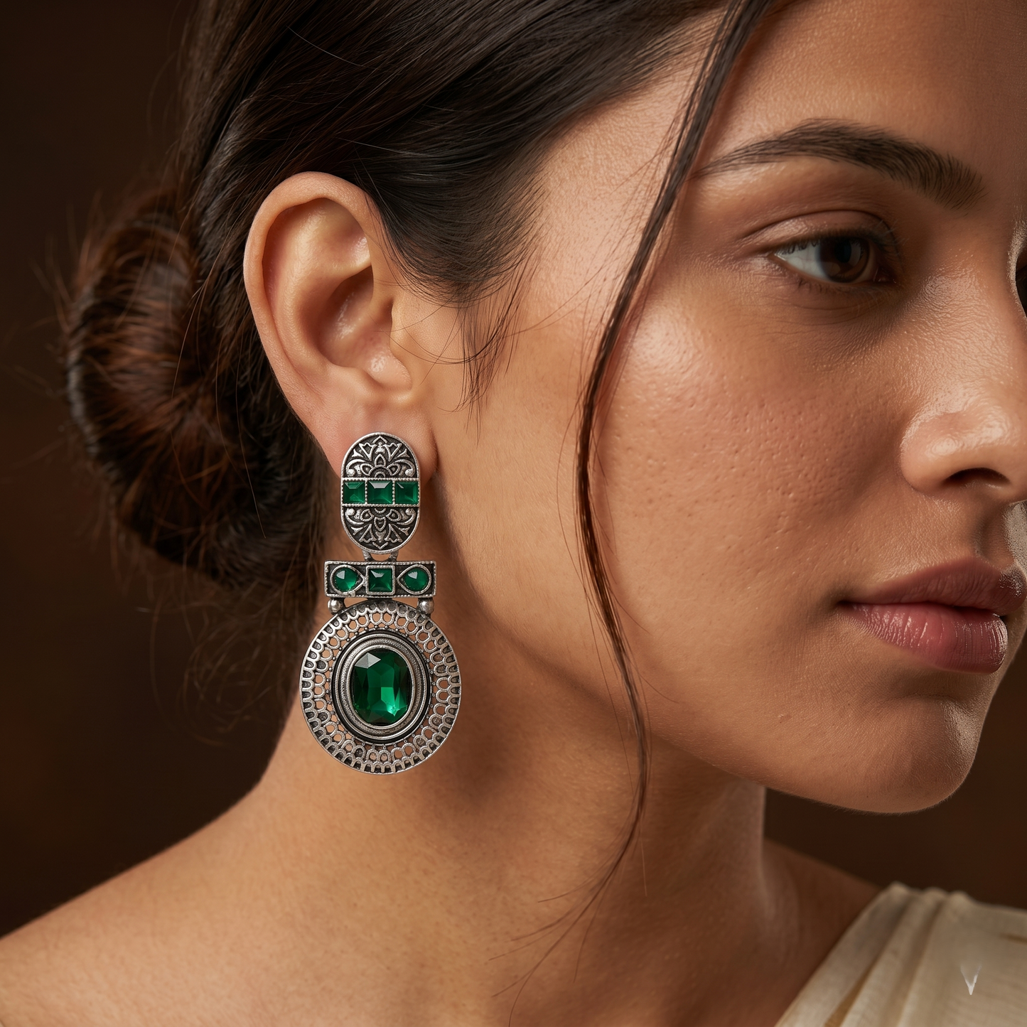 Oxidized Silver-Toned Green Stone Textured Drop Earrings for Women