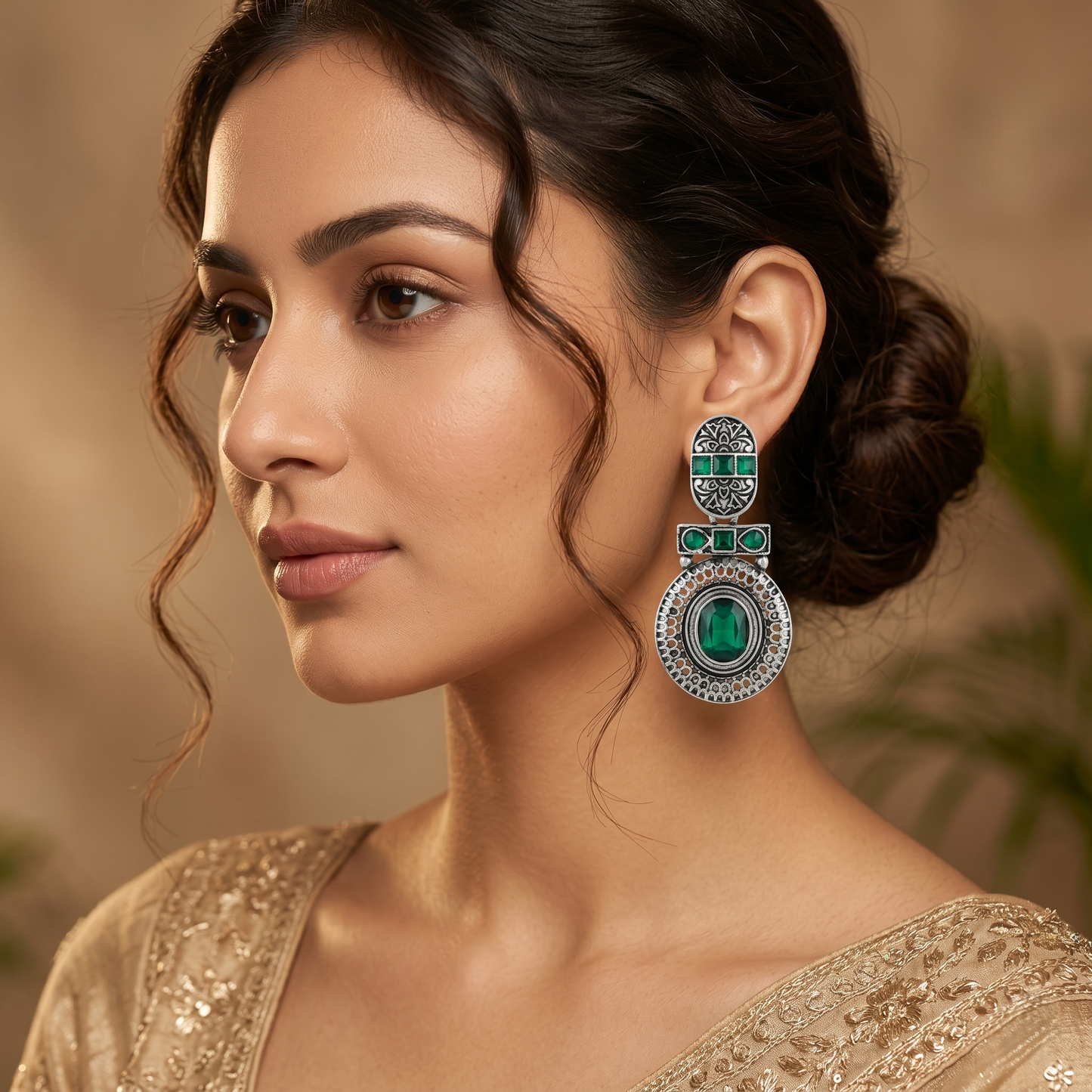 Oxidized Silver-Toned Green Stone Textured Drop Earrings for Women