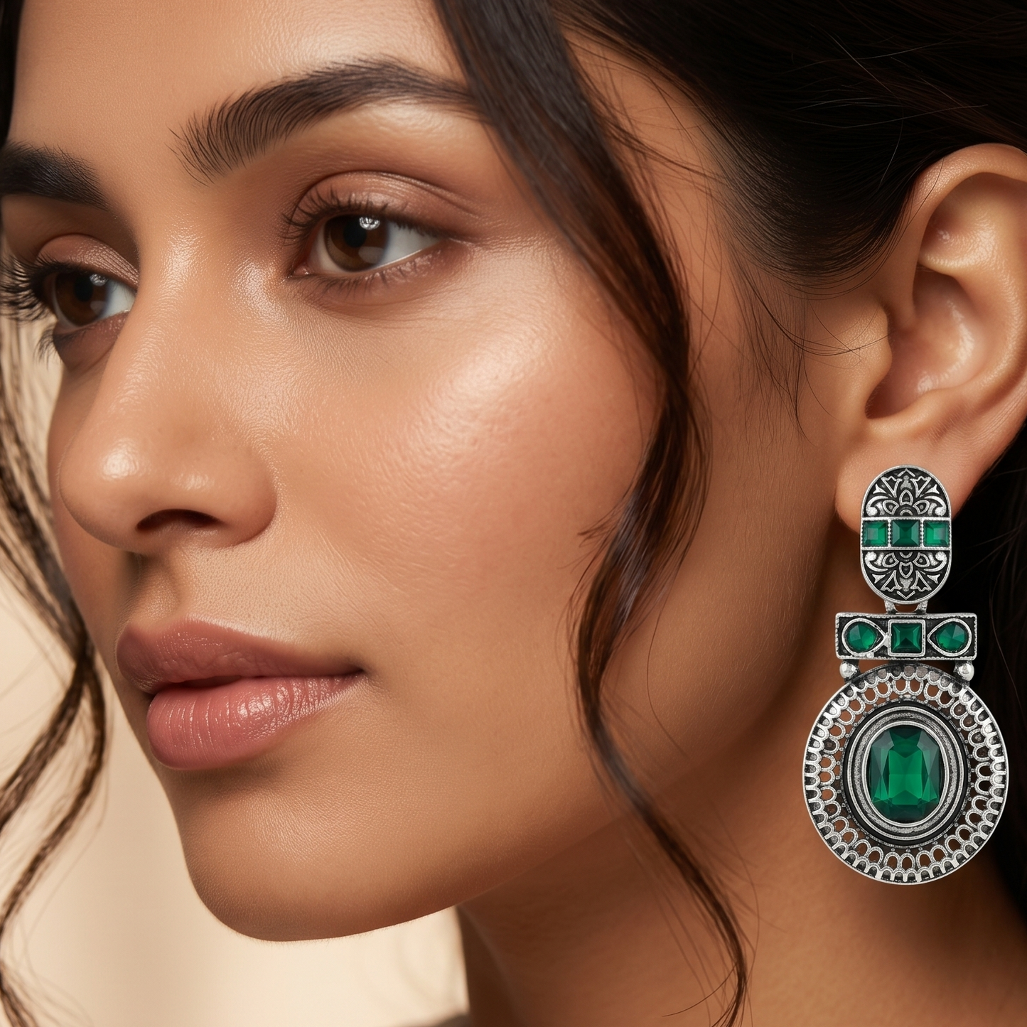 Oxidized Silver-Toned Green Stone Textured Drop Earrings for Women