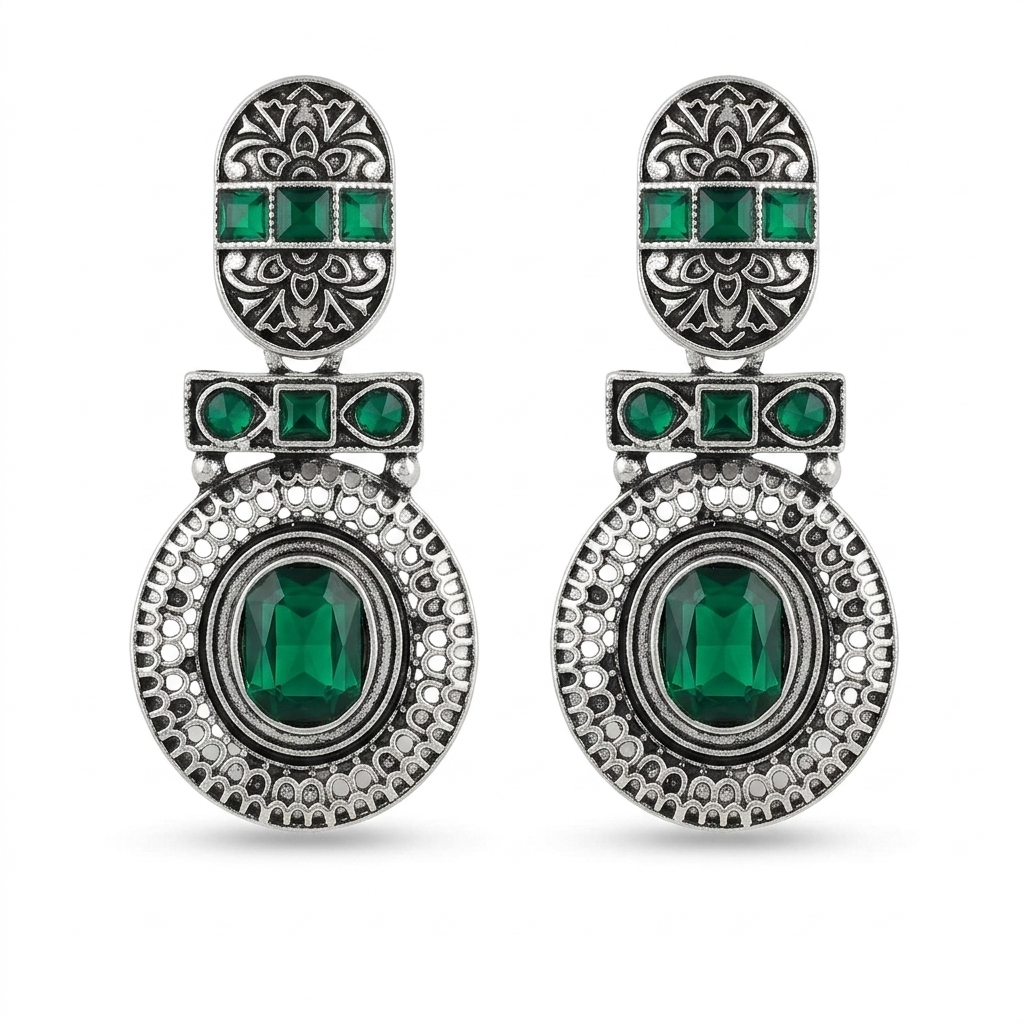 Oxidized Silver-Toned Green Stone Textured Drop Earrings for Women