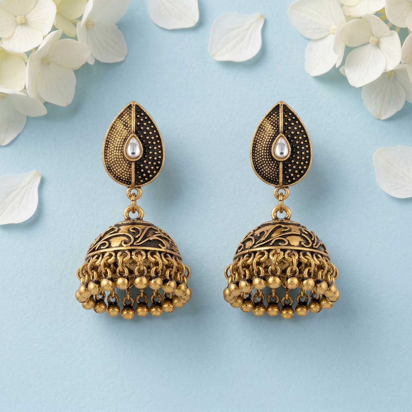 Antique Gold-Toned Teardrop Dome Dangle Earrings with White Stone