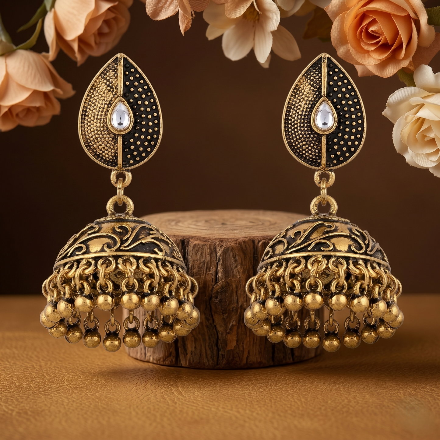 Antique Gold-Toned Teardrop Dome Dangle Earrings with White Stone