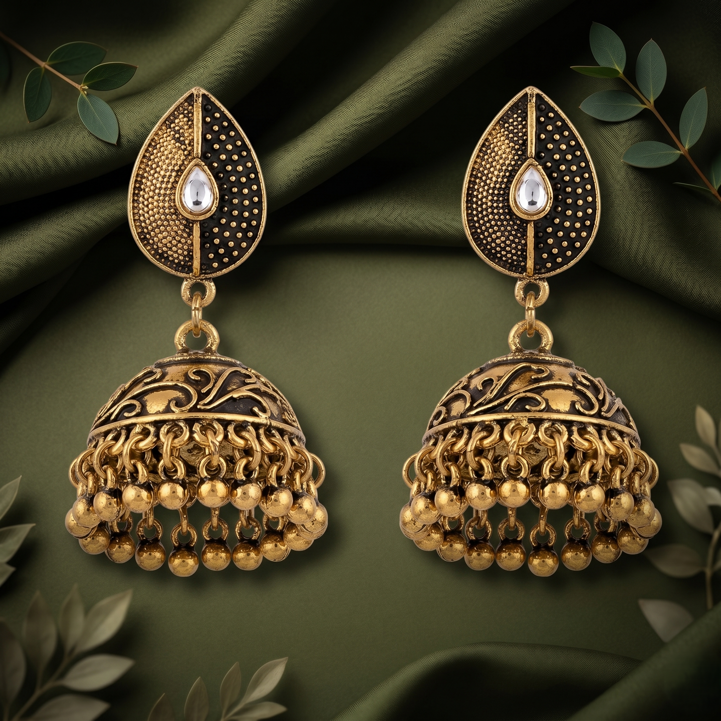 Antique Gold-Toned Teardrop Dome Dangle Earrings with White Stone