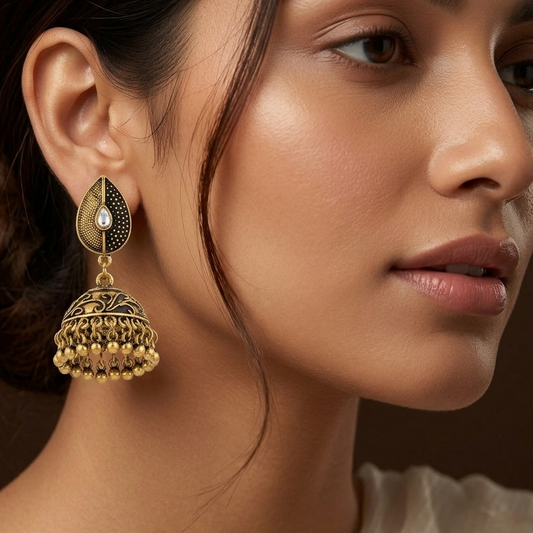 Antique Gold-Toned Teardrop Dome Dangle Earrings with White Stone