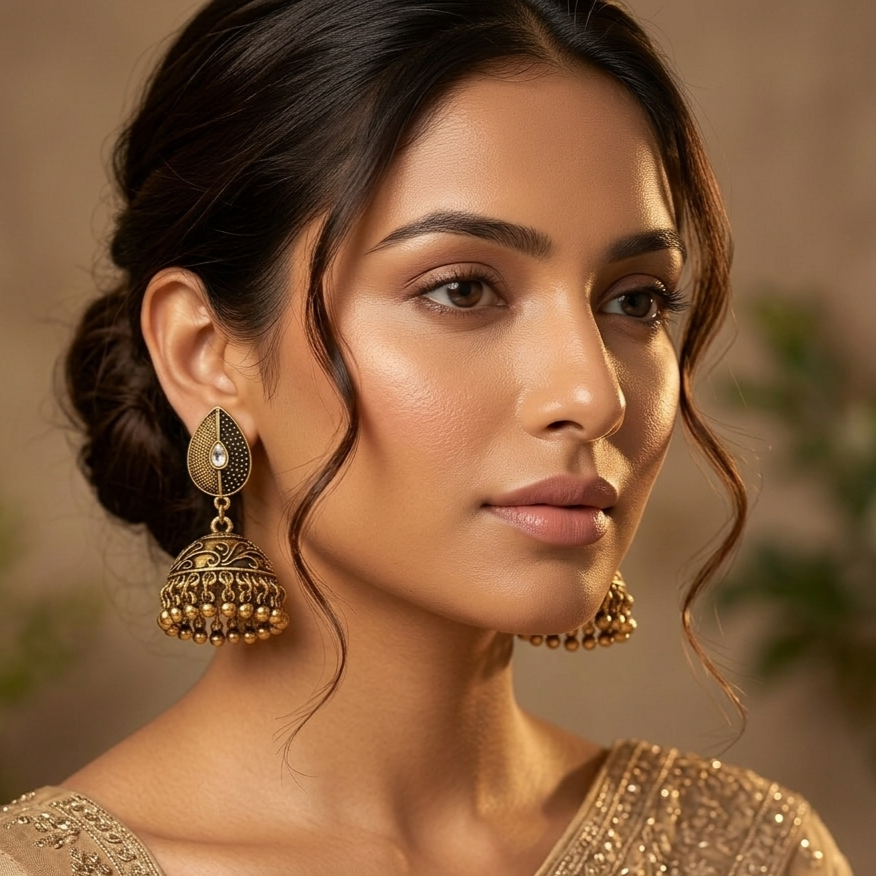 Antique Gold-Toned Teardrop Dome Dangle Earrings with White Stone