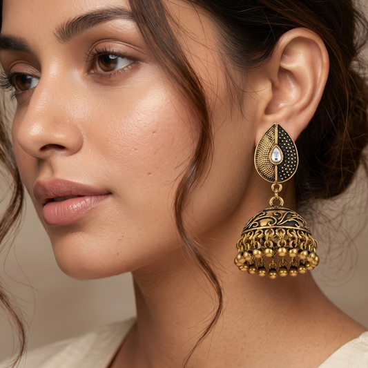 Antique Gold-Toned Teardrop Dome Dangle Earrings with White Stone