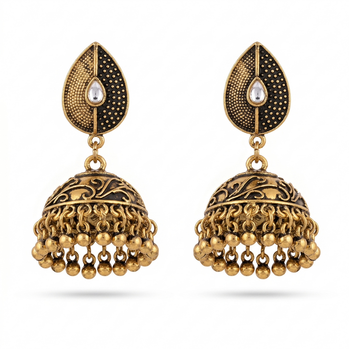 Antique Gold-Toned Teardrop Dome Dangle Earrings with White Stone