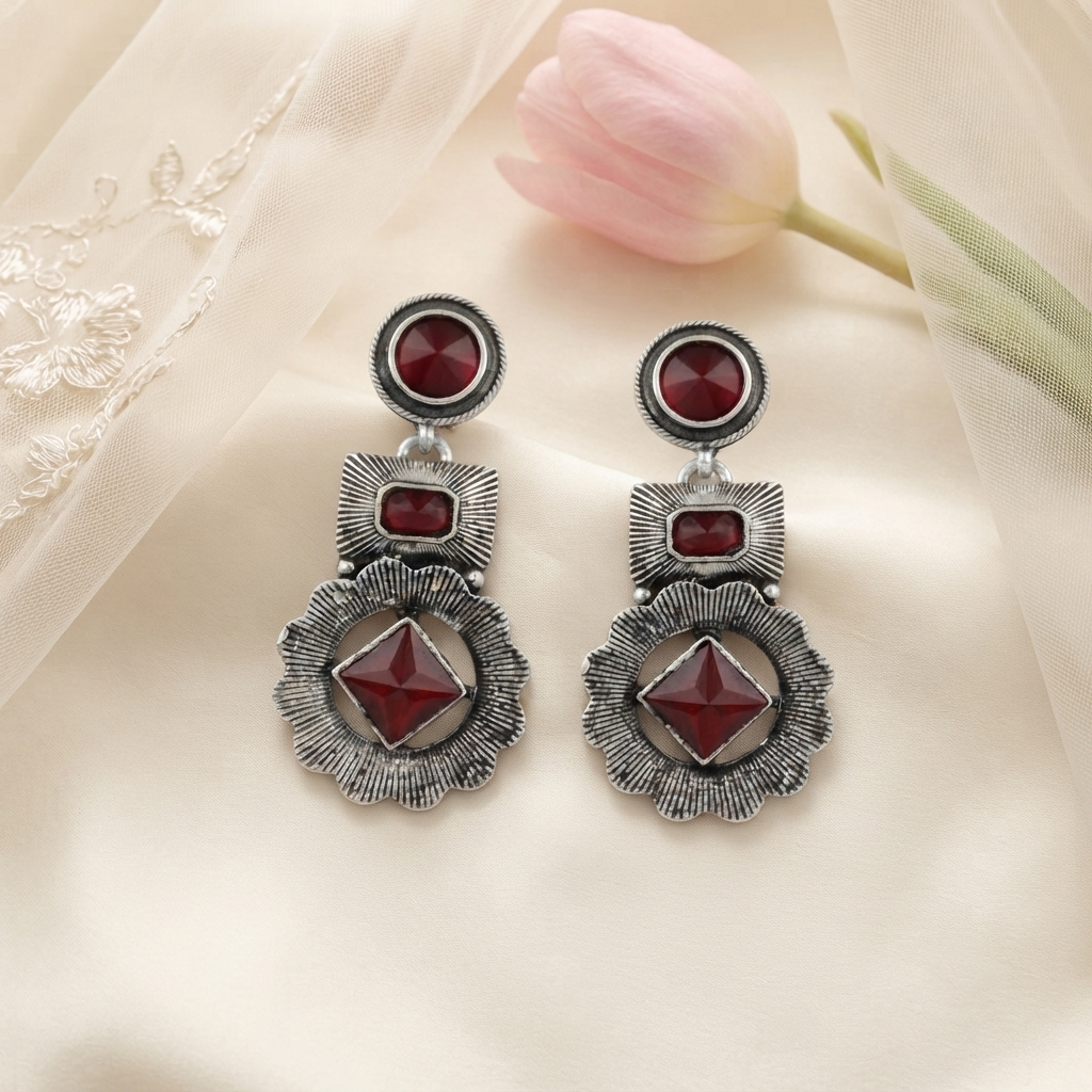 Oxidised Silver Geometric Drop Earrings with Red Stones Multi Tier Hanging Danglers