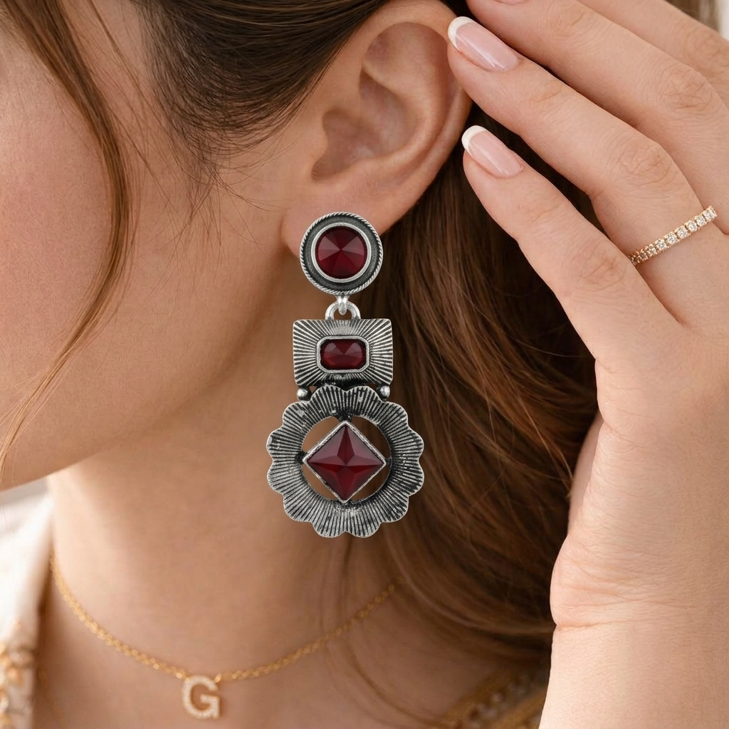 Oxidised Silver Geometric Drop Earrings with Red Stones Multi Tier Hanging Danglers