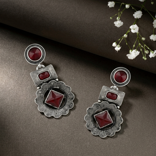 Oxidised Silver Geometric Drop Earrings with Red Stones Multi Tier Hanging Danglers