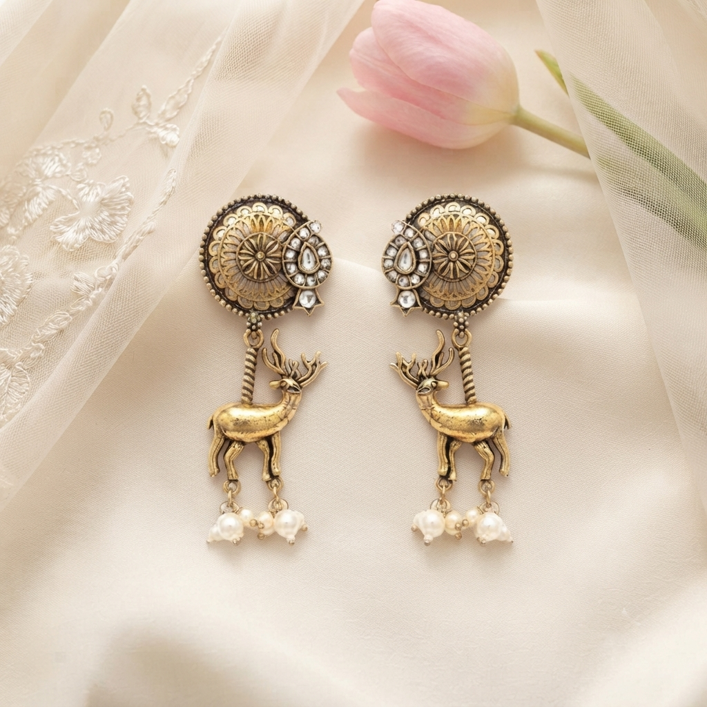 Traditional Antique Gold Deer Motif Earrings with Pearls
