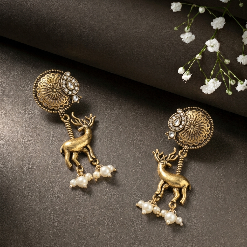 Traditional Antique Gold Deer Motif Earrings with Pearls