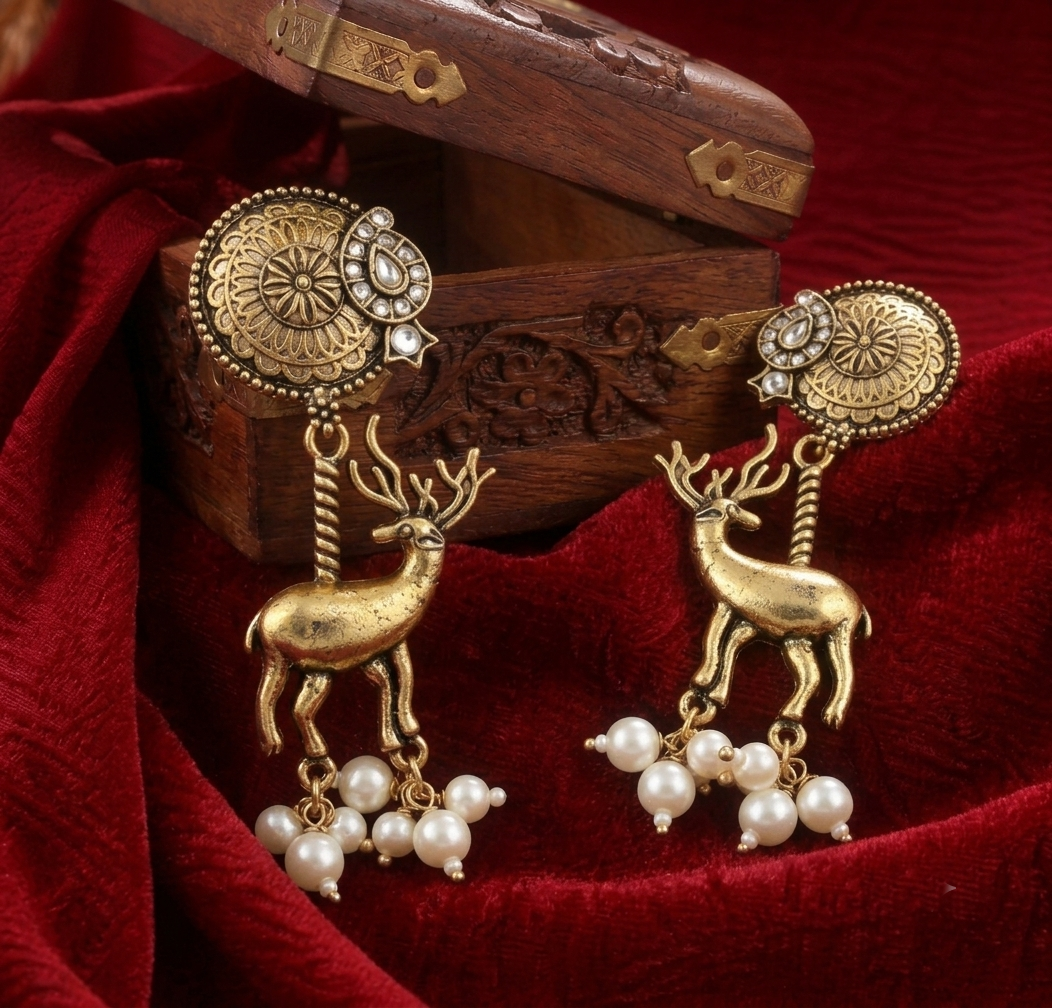 Traditional Antique Gold Deer Motif Earrings with Pearls