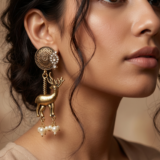 Oxidized Silver-Toned Red Stone Geometric Drop Earrings for Women