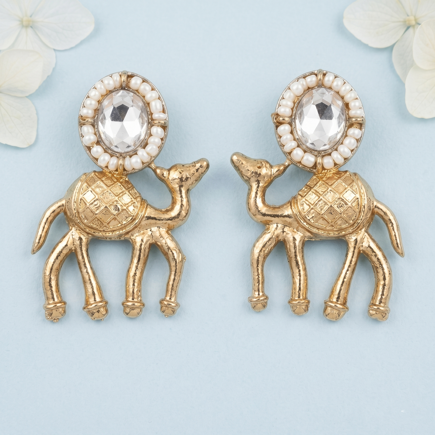 Antique Gold-Toned Deer Drop Earrings with Faux Pearl Beads