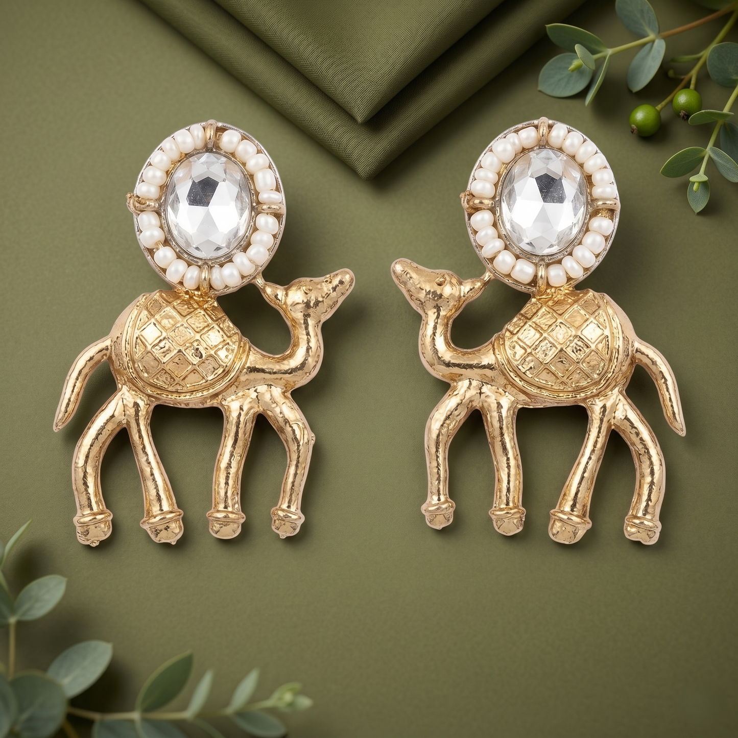 Antique Gold-Toned Deer Drop Earrings with Faux Pearl Beads
