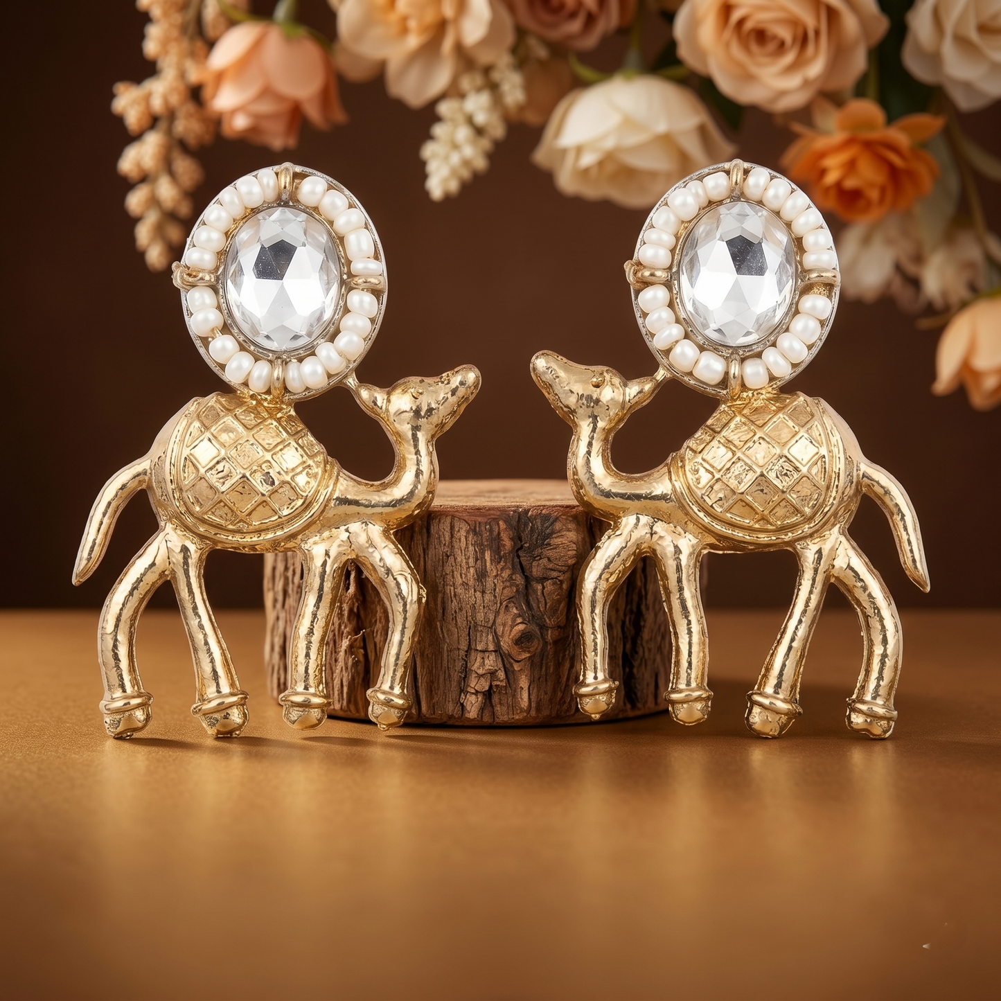 Antique Gold-Toned Deer Drop Earrings with Faux Pearl Beads