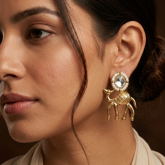 Antique Gold-Toned Deer Drop Earrings with Faux Pearl Beads