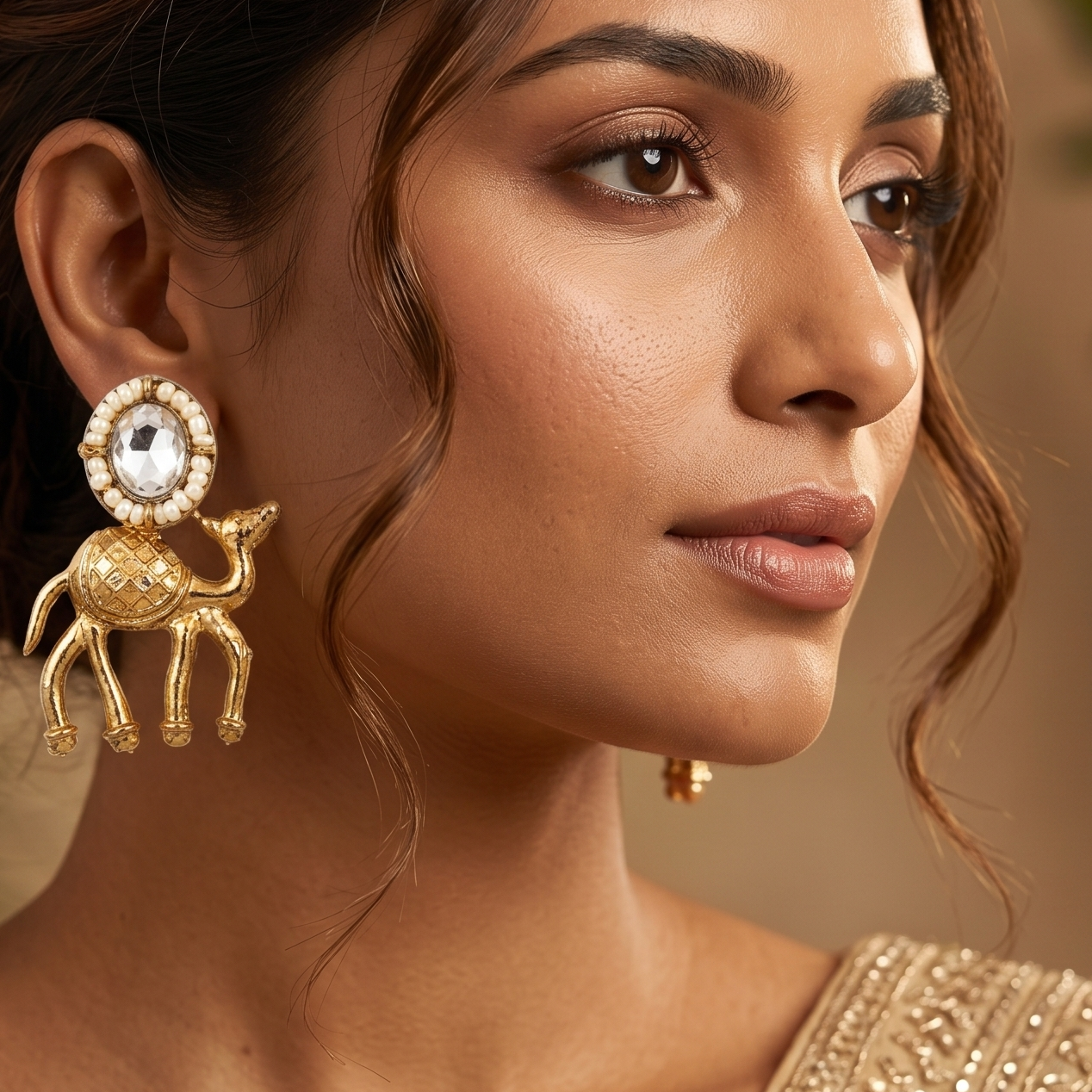 Antique Gold-Toned Deer Drop Earrings with Faux Pearl Beads