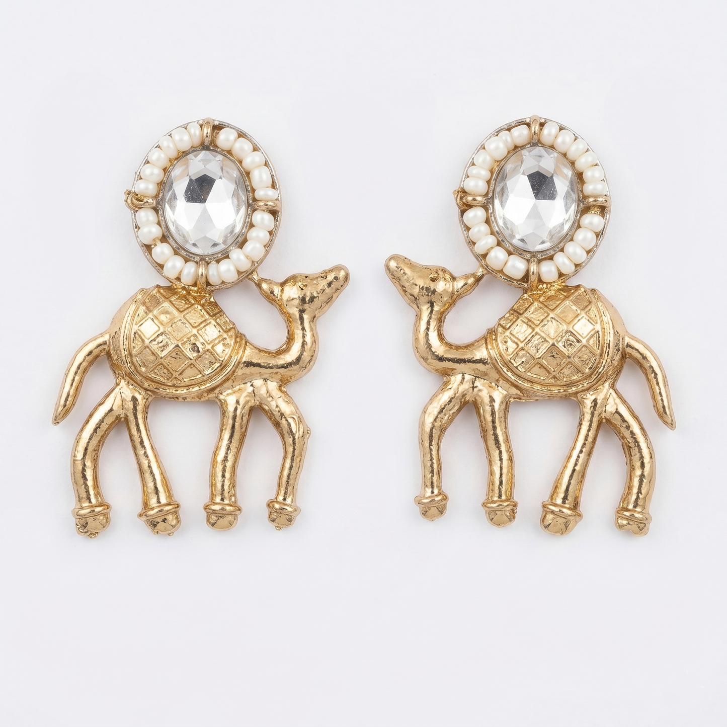 Antique Gold-Toned Deer Drop Earrings with Faux Pearl Beads