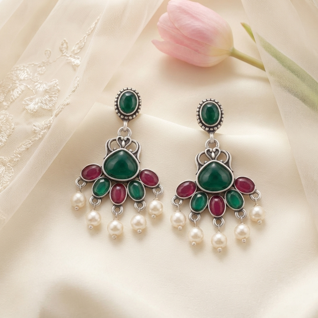 Oxidised Silver Chandelier Earrings with Green & Pink Stones