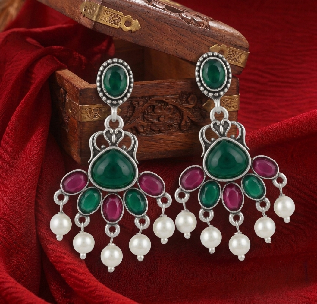 Oxidised Silver Chandelier Earrings with Green & Pink Stones
