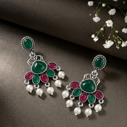 Oxidised Silver Chandelier Earrings with Green & Pink Stones