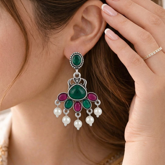 Oxidised Silver Chandelier Earrings with Green & Pink Stones