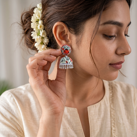 Painted Ladybug Print Checkered Jhumka Earrings for Women