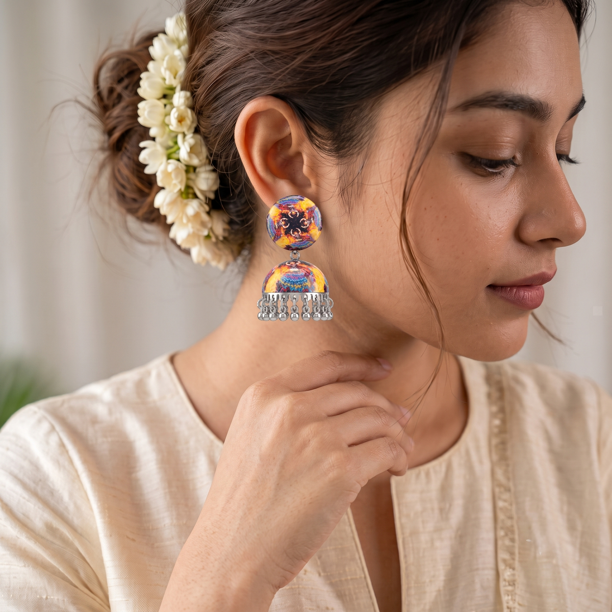 Multicolor Abstract Print Jhumka Earrings for Women Oxidized Ghungroo Balis