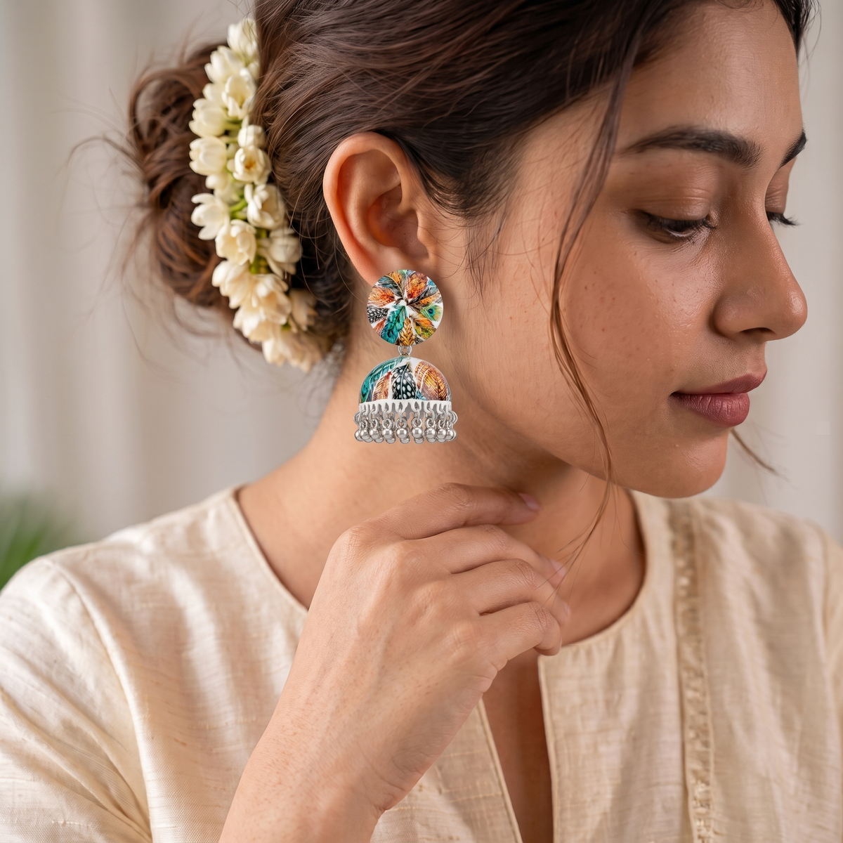 Multicolor Peacock Feather Print Jhumka Earrings for Women Silver Ghungroo Balis