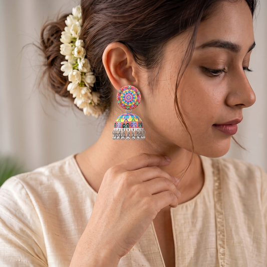Rainbow Mandala Print Jhumka Earrings for Women Silver Ghungroo Balis