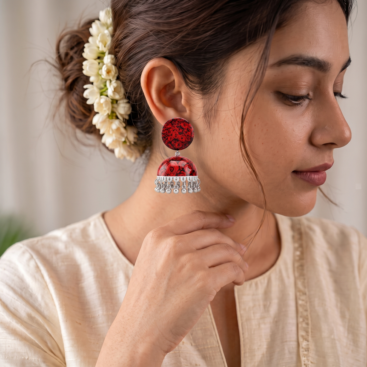 Red Rose Printed Jhumka Earrings for Women Silver Ghungroo Balis