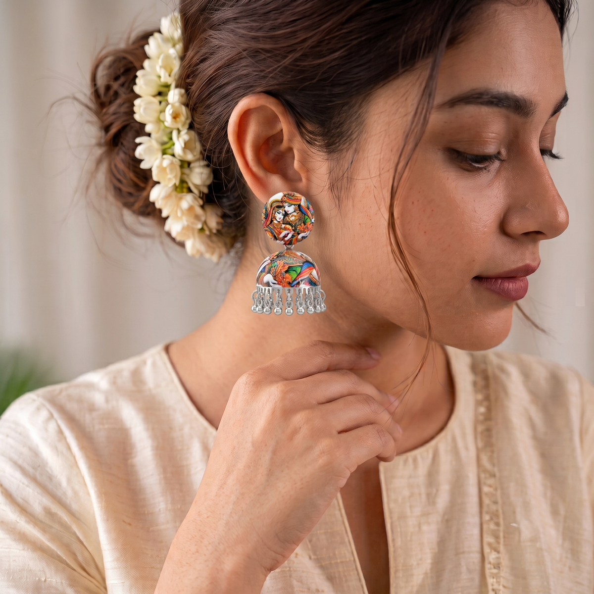 Radha Krishna Printed Jhumka Earrings for Women Devotional Silver Ghungroo Balis