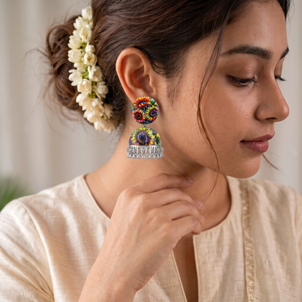 Sunflower Printed Jhumka Earrings for Women Silver Ghungroo Balis