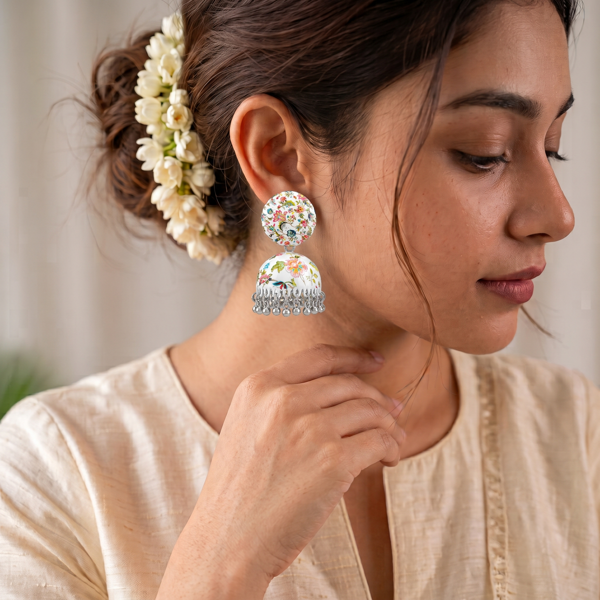 White Floral Kalamkari Print Jhumka Earrings for Women Silver Ghungroo Balis