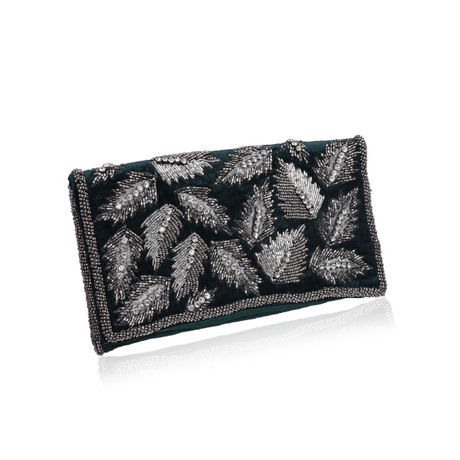 Emerald Velvet Beaded Leaf Clutch