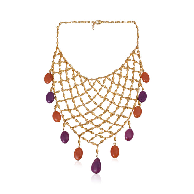 Gold Net Statement Necklace with Colorful Droplet Beads