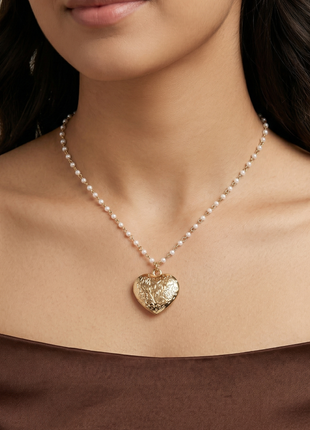 Floral Heart Locket Pendant Necklace with Pearl Station Chain