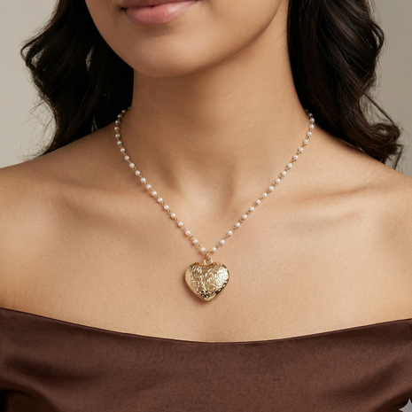 Floral Heart Locket Pendant Necklace with Pearl Station Chain