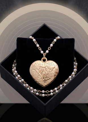 Floral Heart Locket Pendant Necklace with Pearl Station Chain
